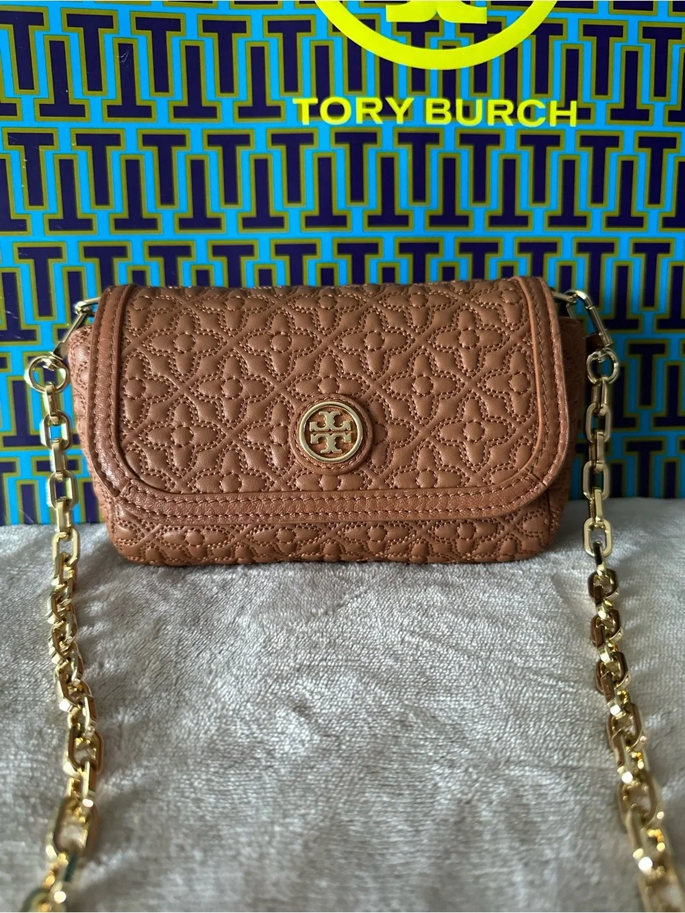 Tory Burch Quilted Leather Chain Crossbody in Cognac Brown - Picture 2 of 7